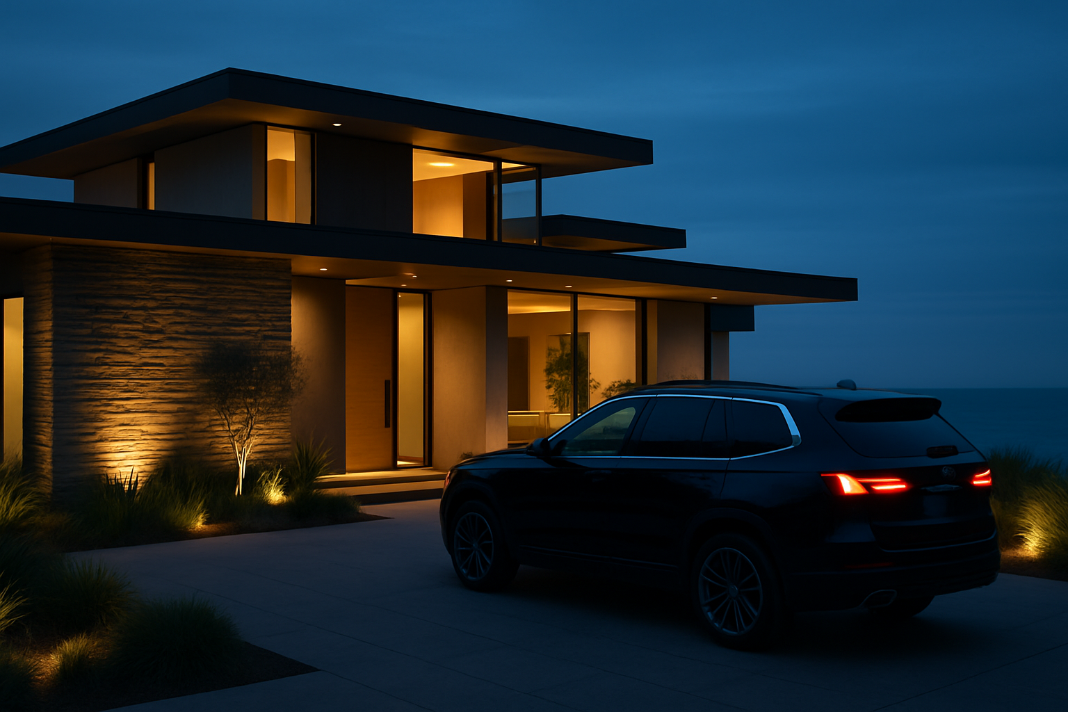 Luxury villa arrival scene with private aviation atmosphere